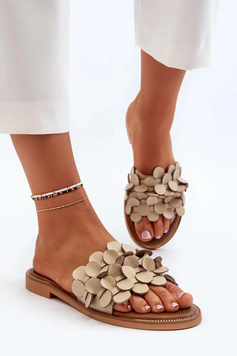 Zazoo 40381 Damskie Skórzane Klapki Na Płaskim Obcasie Beżowe