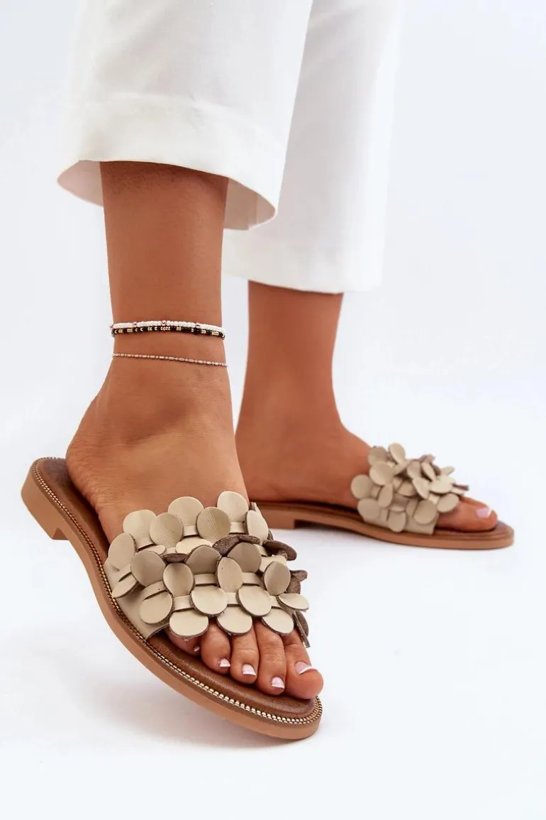 Zazoo 40381 Damskie Skórzane Klapki Na Płaskim Obcasie Beżowe