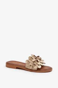 Zazoo 40381 Damskie Skórzane Klapki Na Płaskim Obcasie Beżowe