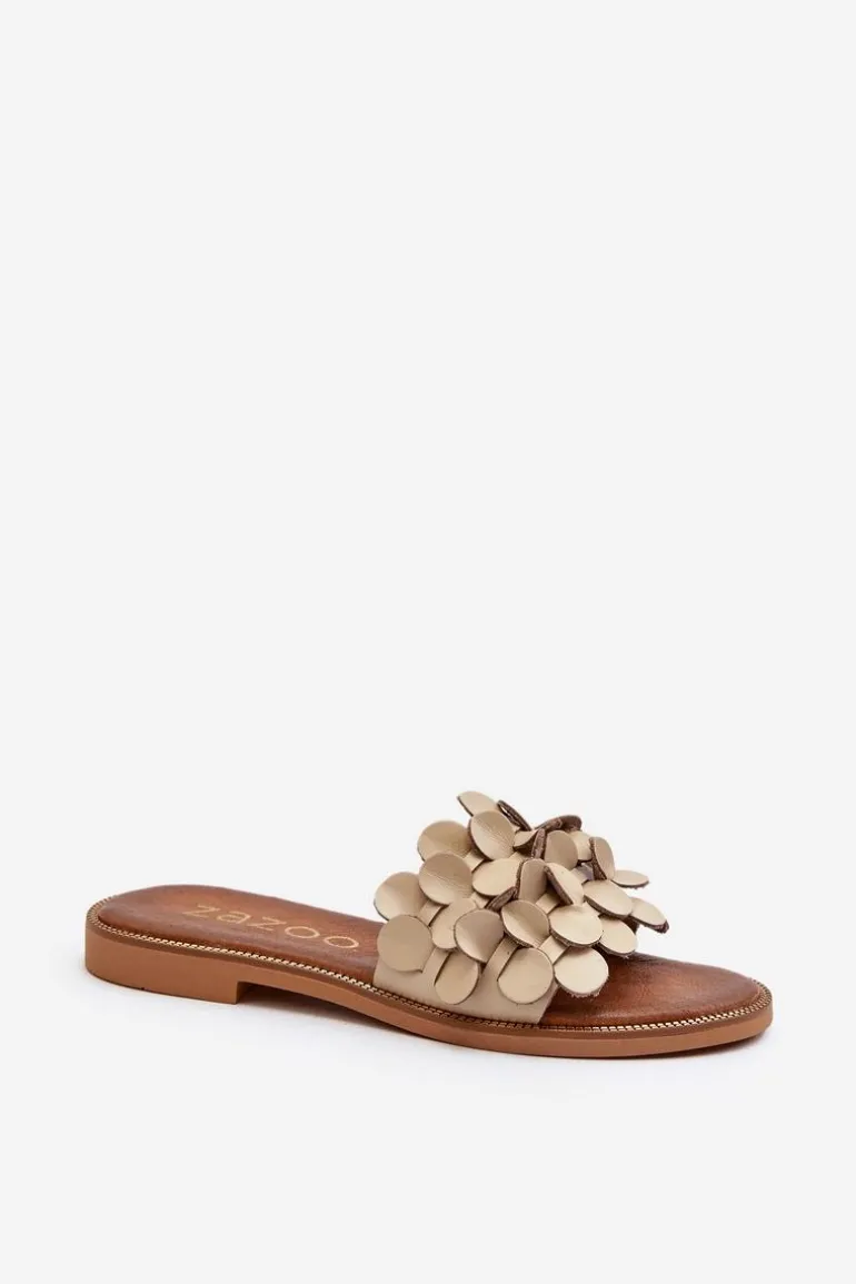 Zazoo 40381 Damskie Skórzane Klapki Na Płaskim Obcasie Beżowe