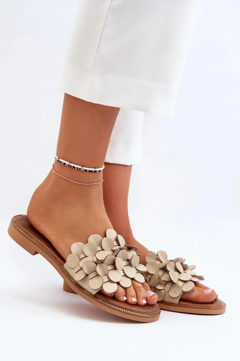 Zazoo 40381 Damskie Skórzane Klapki Na Płaskim Obcasie Beżowe