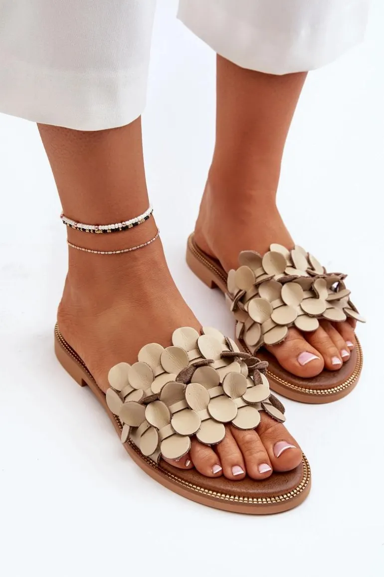 Zazoo 40381 Damskie Skórzane Klapki Na Płaskim Obcasie Beżowe