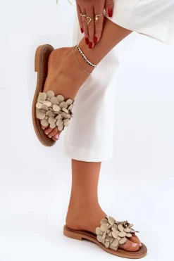 Zazoo 40381 Damskie Skórzane Klapki Na Płaskim Obcasie Beżowe