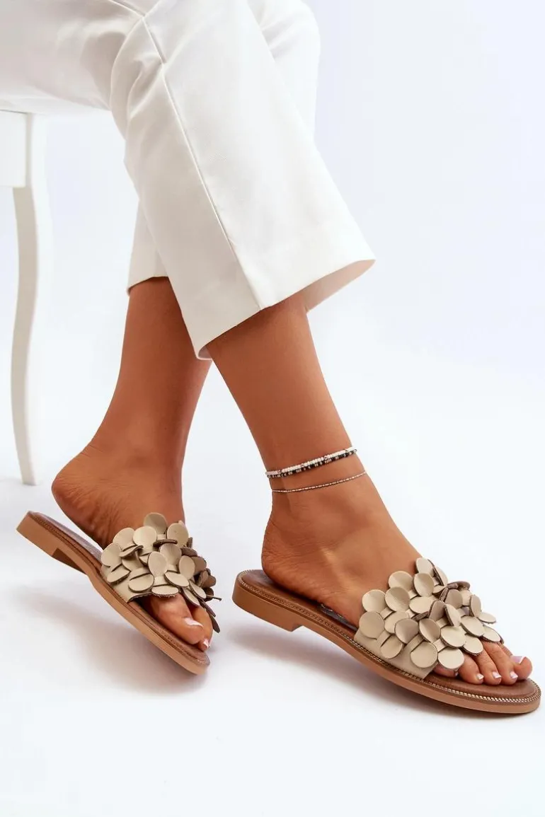 Zazoo 40381 Damskie Skórzane Klapki Na Płaskim Obcasie Beżowe