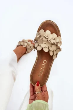 Zazoo 40381 Damskie Skórzane Klapki Na Płaskim Obcasie Beżowe