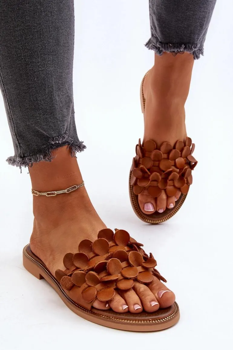 Zazoo 40381 Damskie Skórzane Klapki Na Płaskim Obcasie Brązowe