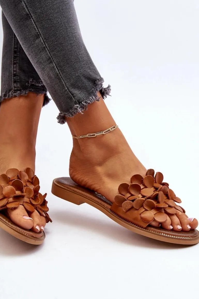 Zazoo 40381 Damskie Skórzane Klapki Na Płaskim Obcasie Brązowe