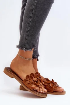 Zazoo 40381 Damskie Skórzane Klapki Na Płaskim Obcasie Brązowe