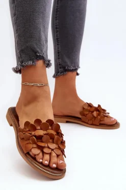 Zazoo 40381 Damskie Skórzane Klapki Na Płaskim Obcasie Brązowe