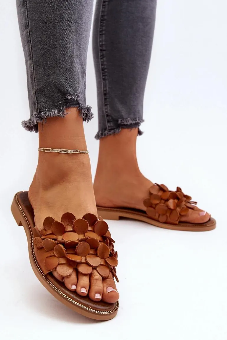 Zazoo 40381 Damskie Skórzane Klapki Na Płaskim Obcasie Brązowe