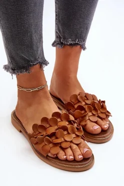 Zazoo 40381 Damskie Skórzane Klapki Na Płaskim Obcasie Brązowe