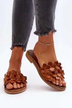 Zazoo 40381 Damskie Skórzane Klapki Na Płaskim Obcasie Brązowe