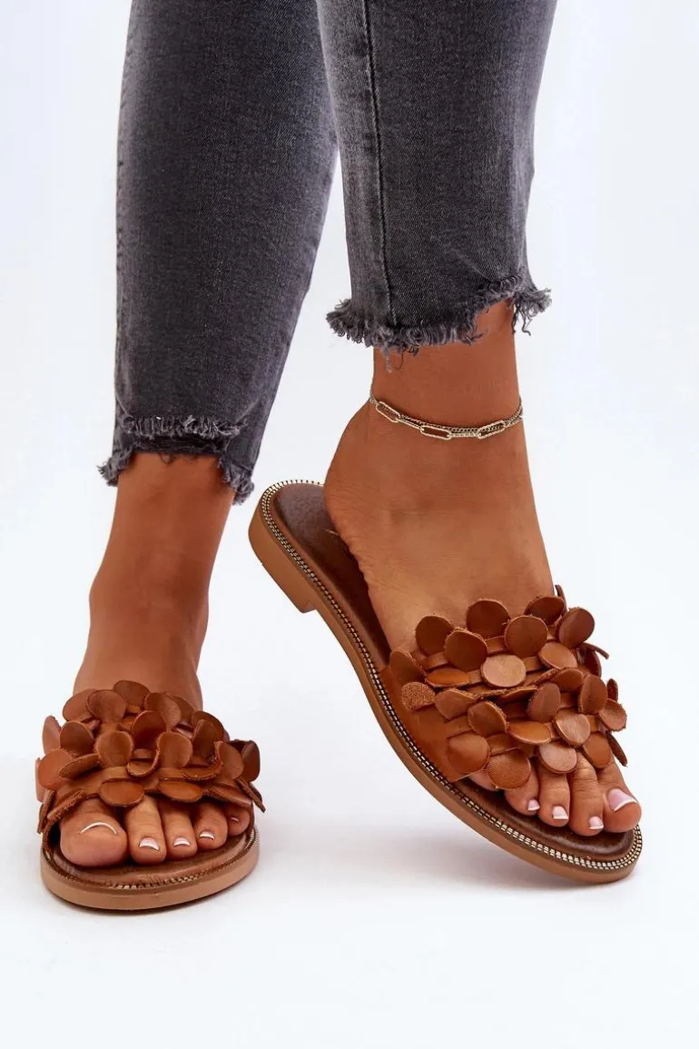 Zazoo 40381 Damskie Skórzane Klapki Na Płaskim Obcasie Brązowe