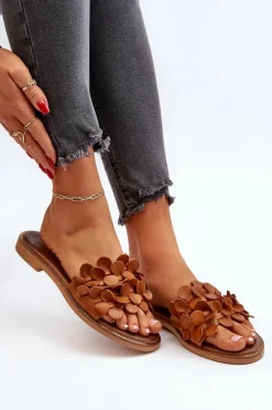 Zazoo 40381 Damskie Skórzane Klapki Na Płaskim Obcasie Brązowe