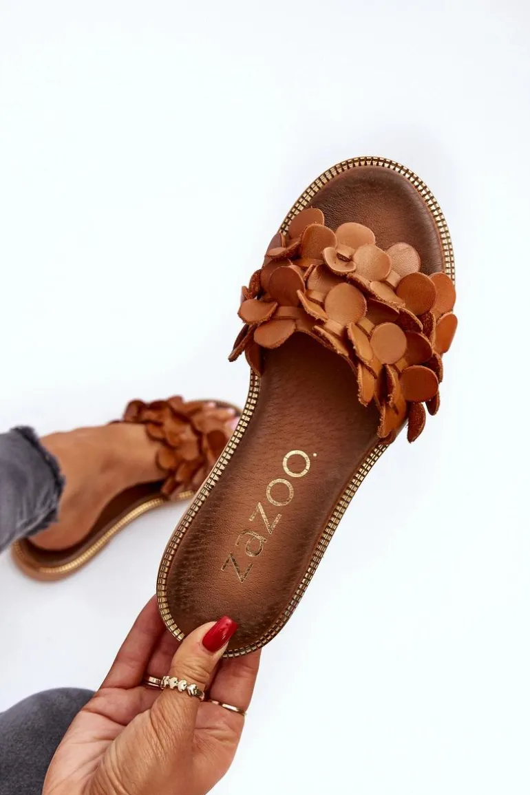Zazoo 40381 Damskie Skórzane Klapki Na Płaskim Obcasie Brązowe