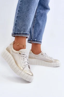 Zazoo 2919 Damskie Skórzane Półbuty Na Grubej Podeszwie Złote