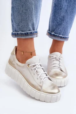 Zazoo 2919 Damskie Skórzane Półbuty Na Grubej Podeszwie Złote