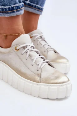 Zazoo 2919 Damskie Skórzane Półbuty Na Grubej Podeszwie Złote