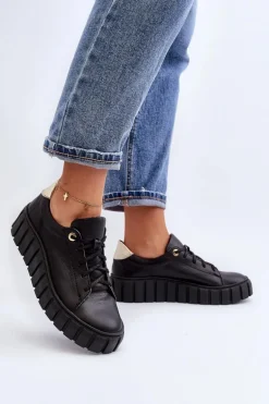 Zazoo 2919 Damskie Skórzane Półbuty Na Grubej Podeszwie Czarne