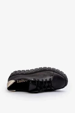 Zazoo 2919 Damskie Skórzane Półbuty Na Grubej Podeszwie Czarne