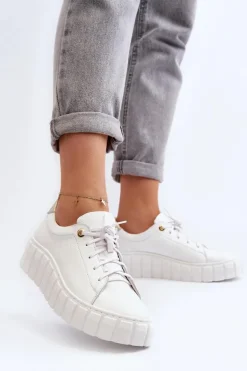 Zazoo 2919 Damskie Skórzane Półbuty Na Grubej Podeszwie Białe