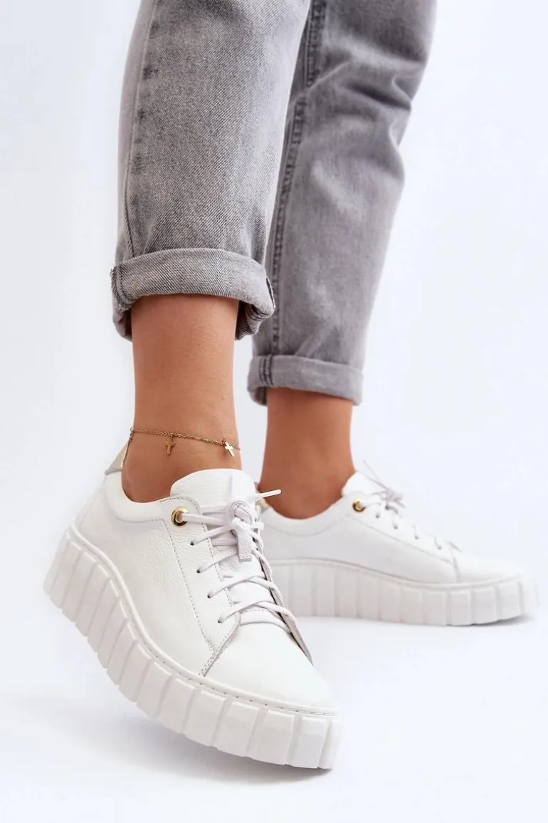 Zazoo 2919 Damskie Skórzane Półbuty Na Grubej Podeszwie Białe