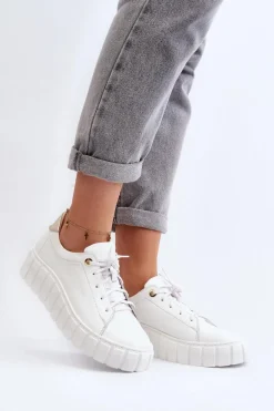 Zazoo 2919 Damskie Skórzane Półbuty Na Grubej Podeszwie Białe