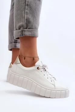 Zazoo 2919 Damskie Skórzane Półbuty Na Grubej Podeszwie Białe