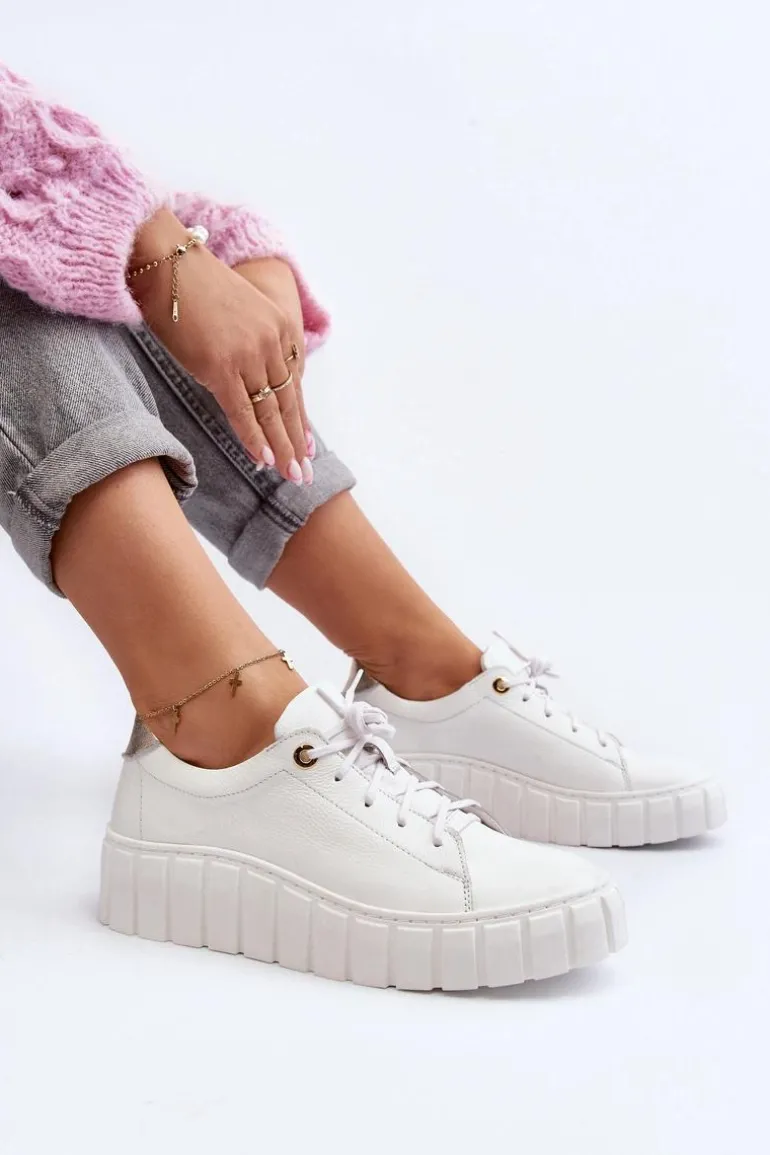 Zazoo 2919 Damskie Skórzane Półbuty Na Grubej Podeszwie Białe