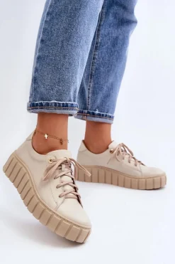 Zazoo 2919 Damskie Skórzane Półbuty Na Grubej Podeszwie Beżowe