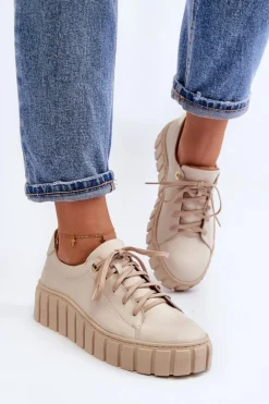 Zazoo 2919 Damskie Skórzane Półbuty Na Grubej Podeszwie Beżowe