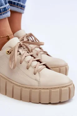 Zazoo 2919 Damskie Skórzane Półbuty Na Grubej Podeszwie Beżowe