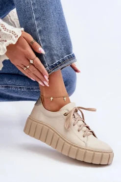 Zazoo 2919 Damskie Skórzane Półbuty Na Grubej Podeszwie Beżowe