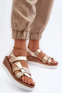 Zazoo 40397 Damskie Skórzane Sandały Na Platformie Złote