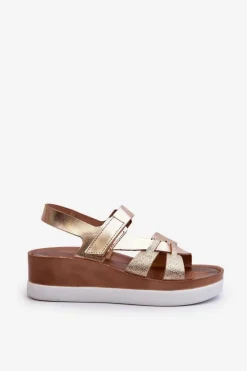 Zazoo 40397 Damskie Skórzane Sandały Na Platformie Złote