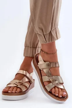 Zazoo 40397 Damskie Skórzane Sandały Na Platformie Złote