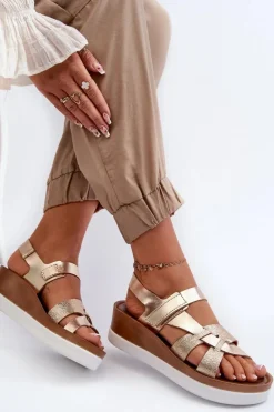 Zazoo 40397 Damskie Skórzane Sandały Na Platformie Złote