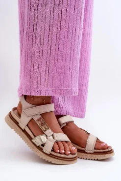 Zazoo 50103 Damskie Skórzane Sandały Na Platformie Beżowe