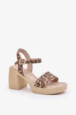 Zazoo 40386 Damskie Skórzane Sandały Na Klocku Panterka Brązowo-Beżowe
