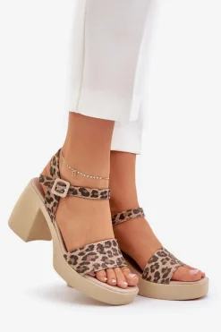 Zazoo 40386 Damskie Skórzane Sandały Na Klocku Panterka Brązowo-Beżowe