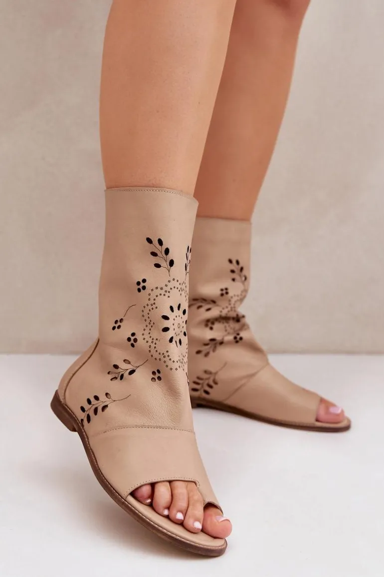 Zazoo 3437 Damskie Skórzane Sandały Z Cholewką Na Zamek Beżowe