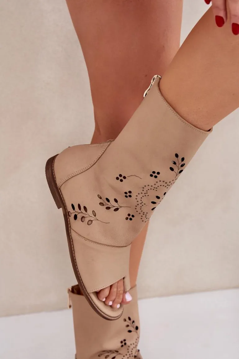 Zazoo 3437 Damskie Skórzane Sandały Z Cholewką Na Zamek Beżowe