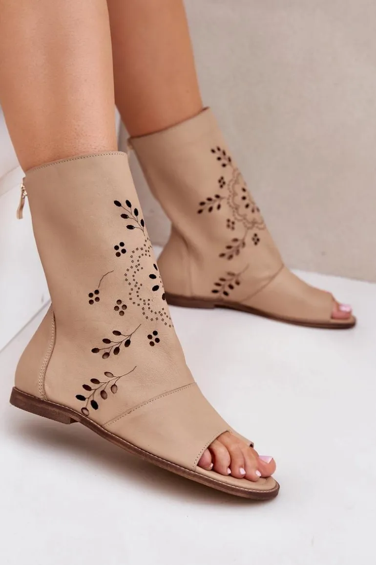 Zazoo 3437 Damskie Skórzane Sandały Z Cholewką Na Zamek Beżowe