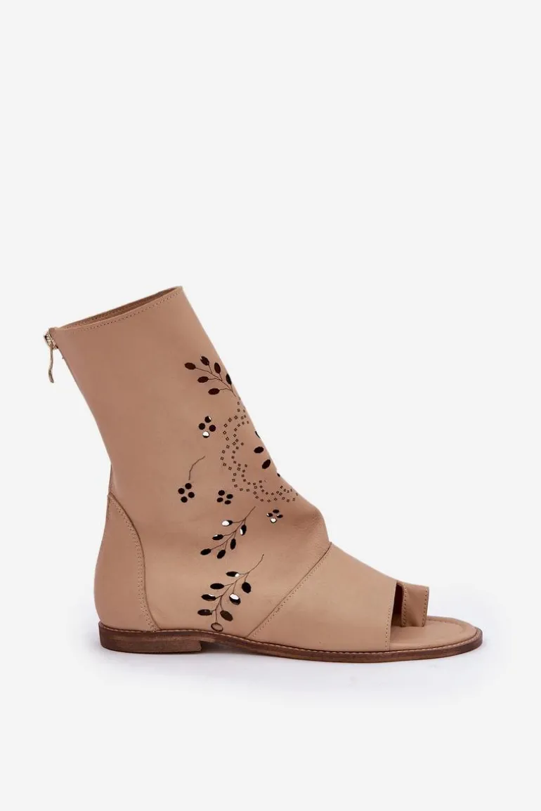 Zazoo 3437 Damskie Skórzane Sandały Z Cholewką Na Zamek Beżowe