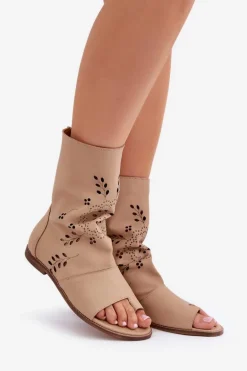 Zazoo 3437 Damskie Skórzane Sandały Z Cholewką Na Zamek Beżowe