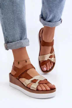 Zazoo 40397 Damskie Skórzane Sandały Na Platformie Brązowe
