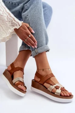 Zazoo 40397 Damskie Skórzane Sandały Na Platformie Brązowe