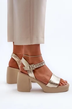 Zazoo 40386 Damskie Skórzane Sandały Na Klocku Złote