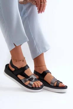 Zazoo 40397 Damskie Skórzane Sandały Na Platformie Czarne