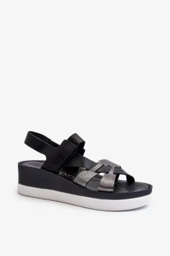 Zazoo 40397 Damskie Skórzane Sandały Na Platformie Czarne